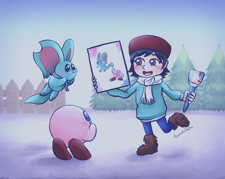 Adeleine, Elfilin and Kirby in a winter setting.